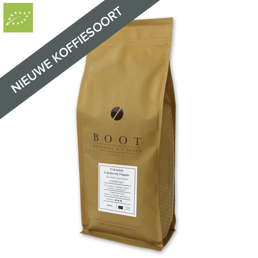 Boot Koffie Colombia Kachalu Organic Espresso Cafeïnevrije Koffiebonen 1 Kg